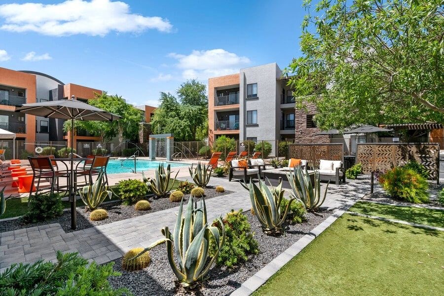 Exterior Community Building and Landscape at Harmony at Surprise Apartments in Surprise, AZ.