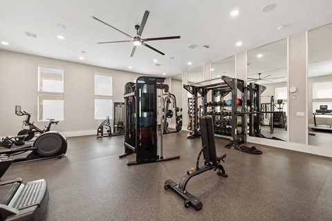 Community Fitness Center with Equipment at Alta 3Eighty Apartments located in Aubrey, TX.