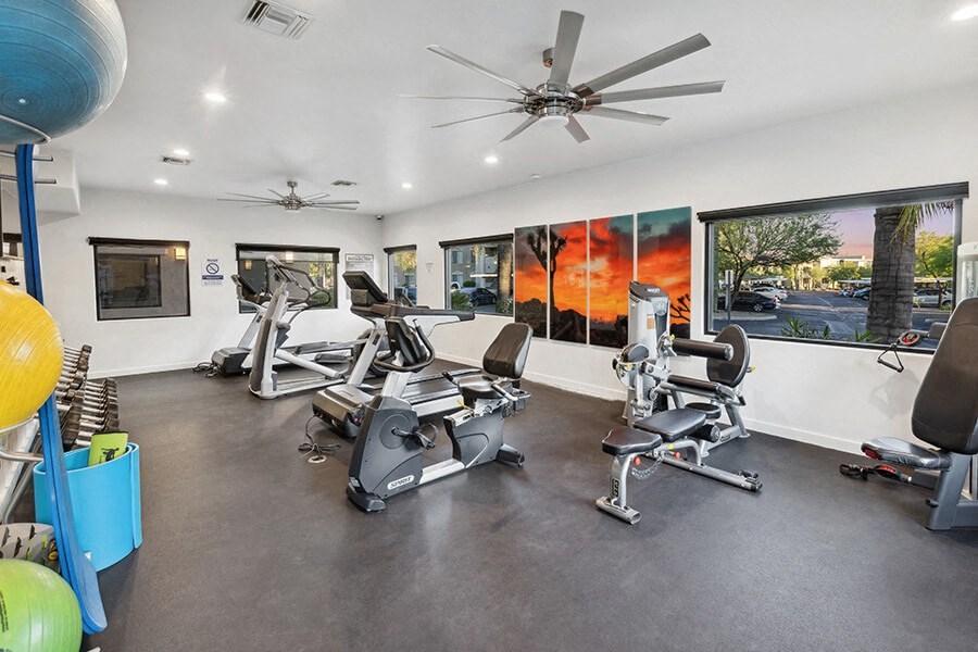 Community Fitness Center with Equipment at Ridgeline Apartments in Tucson, AZ.