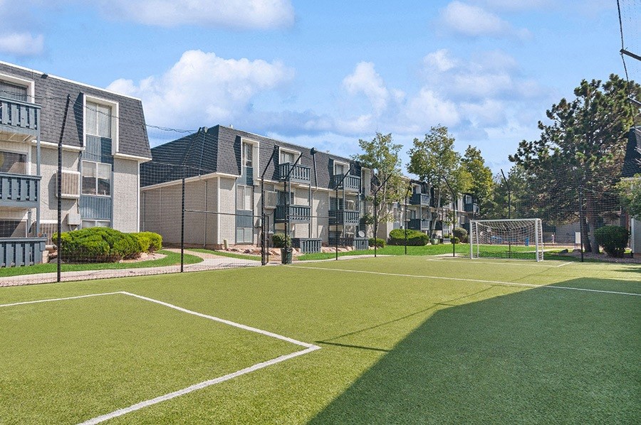 Community Soccer Field with Nets at Monaco Apartments in Salt Lake City, UT.