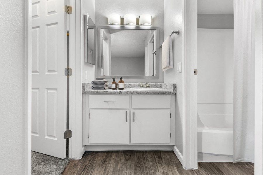 Model bathroom with white vanity