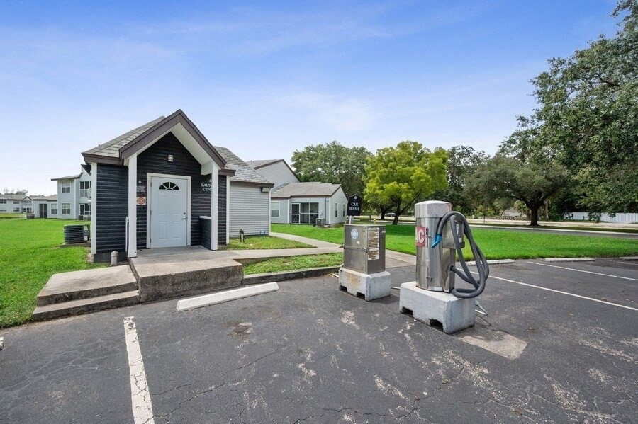 Car cleaning area with vacuums