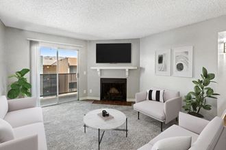 Model living room with fireplace