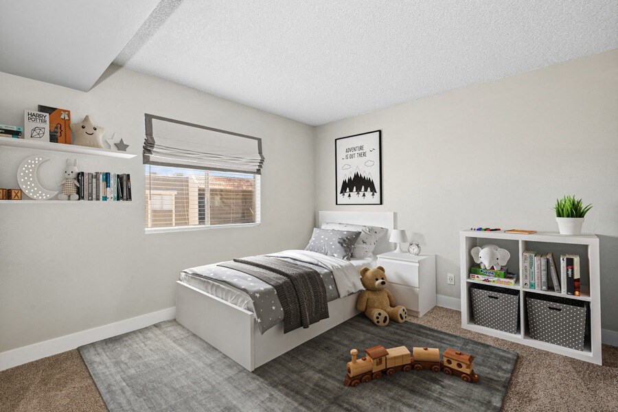 Model apartment bedroom at Villages at Metro Center, Phoenix