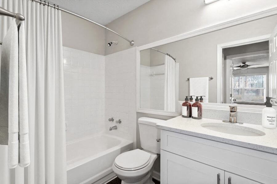 Model Bathroom with Wood-Style Flooring at Element 41 Apartments in Marietta, GA.