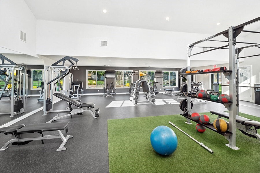 Community Fitness Center with Equipment at Waterfront Apartments in Lakewood, CO.