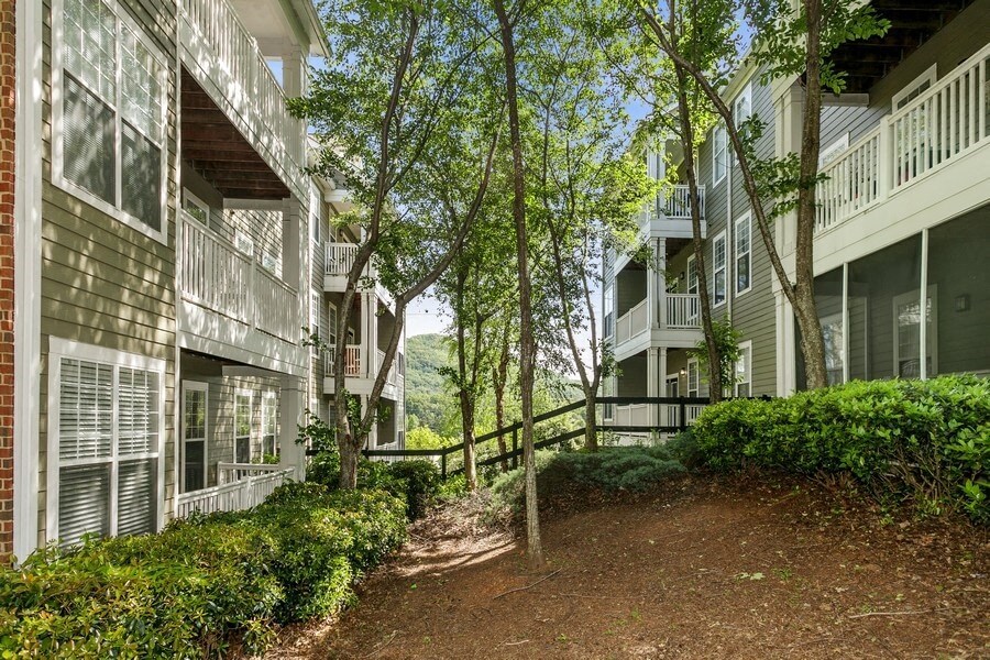Exterior walkway between buildings with beautiful landscape