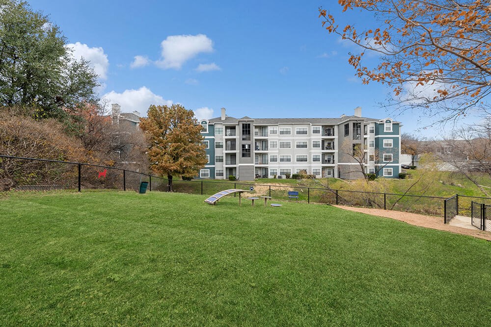 Community Dog Park with Agility Equipment at Bridges at Oakbend Apartments in Lewisville, TX.