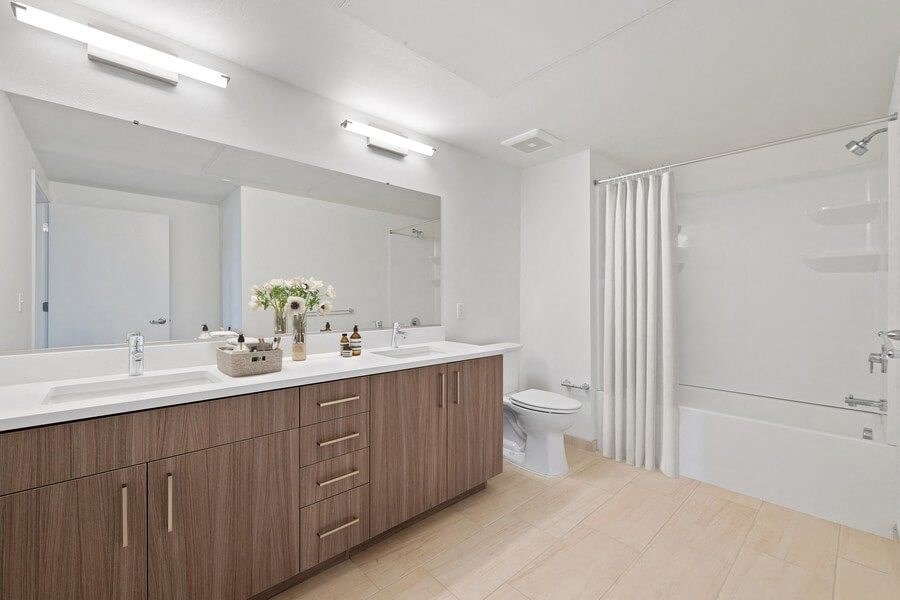Model bathroom with dual-sink vanity