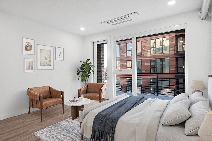 Model bedroom at Post House North located in Post District Residences in downtown Salt Lake City, Utah