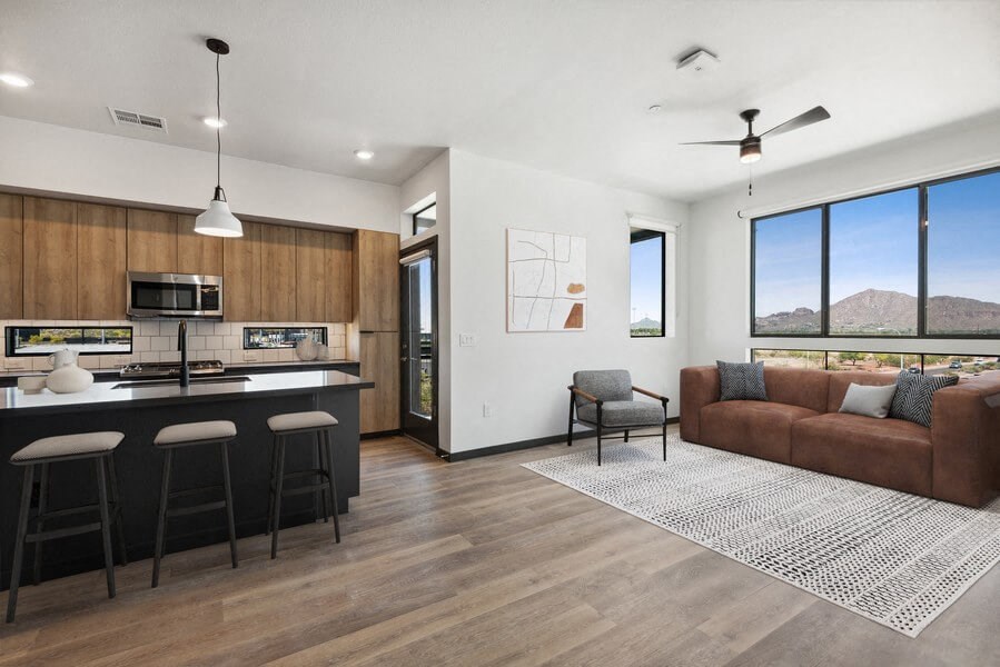 Model living room with large windows