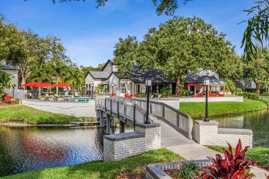 Walking path with bridge over river