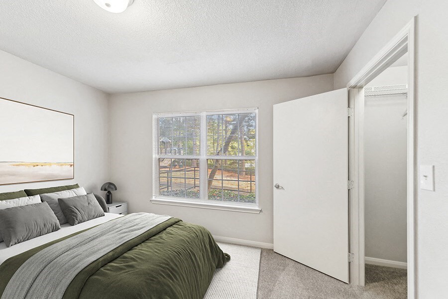 Model Living Room with Carpet and Walk In Closet at Lake Cameron Apartments located in Apex, NC.