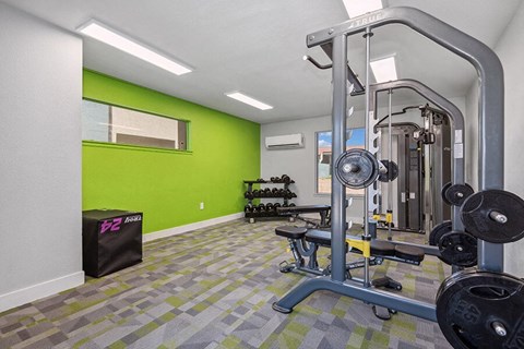 Avondale, AZ, Apartments Near Sam's Club - The Peaks on 4th - A Fitness Room With Strength Training Machine, Free Weights, Plyometric Box, And Green Accent Wall.