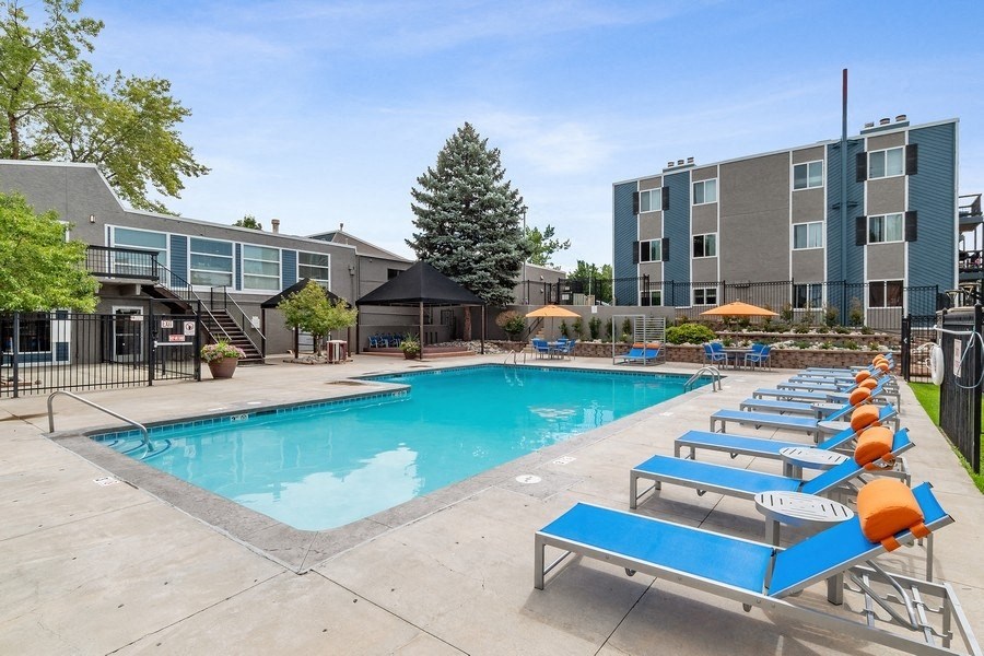 Poolside lounge chairs and cabanas
