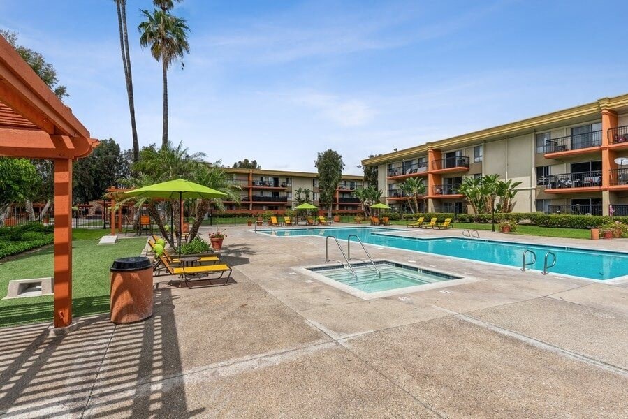 Poolside lounge chairs and cabanas
