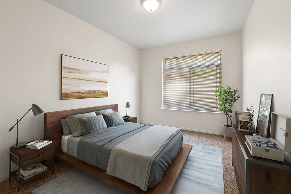 Model Bedroom with Carpet and Window View at Altitude on Fifth Apartments in Salt Lake City, UT.