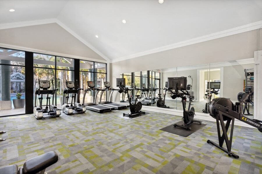 Indoor Fitness Center Treadmills and Stationary Bikes at Caribbean Breeze Apartments in Tampa, FL.