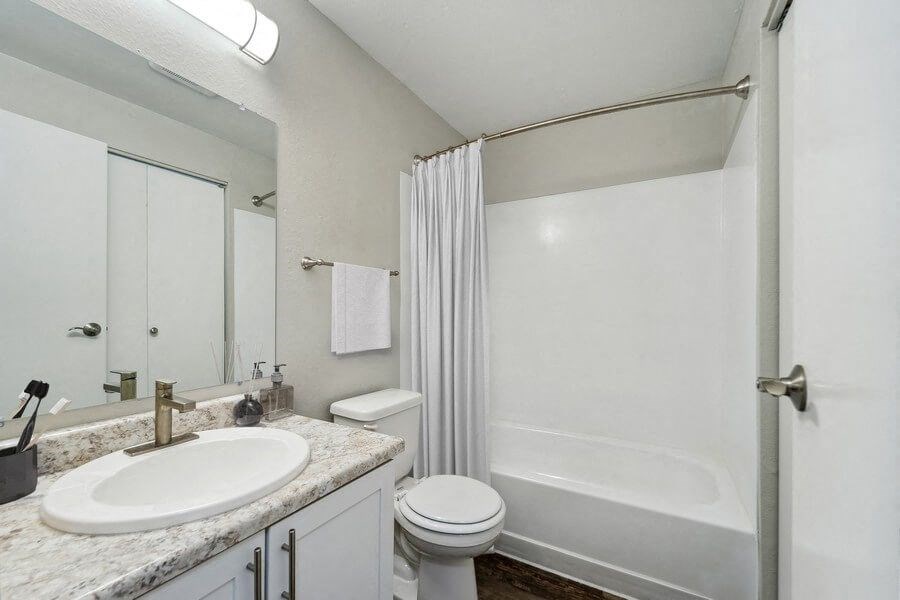 Model bathroom with white vanity