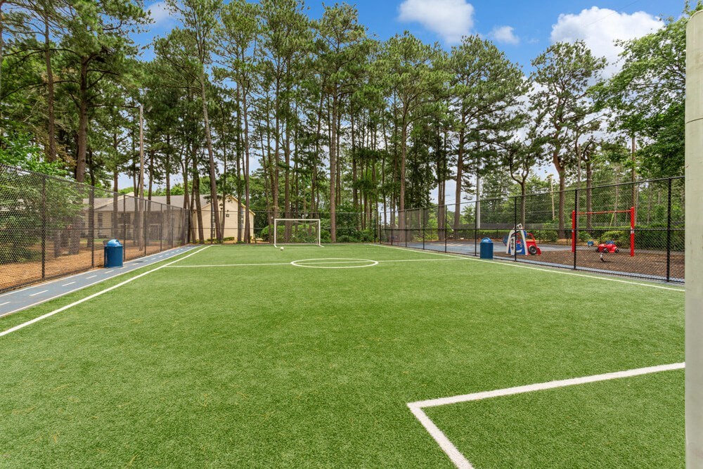 Soccer field with a soccer goal and a playground in the background
