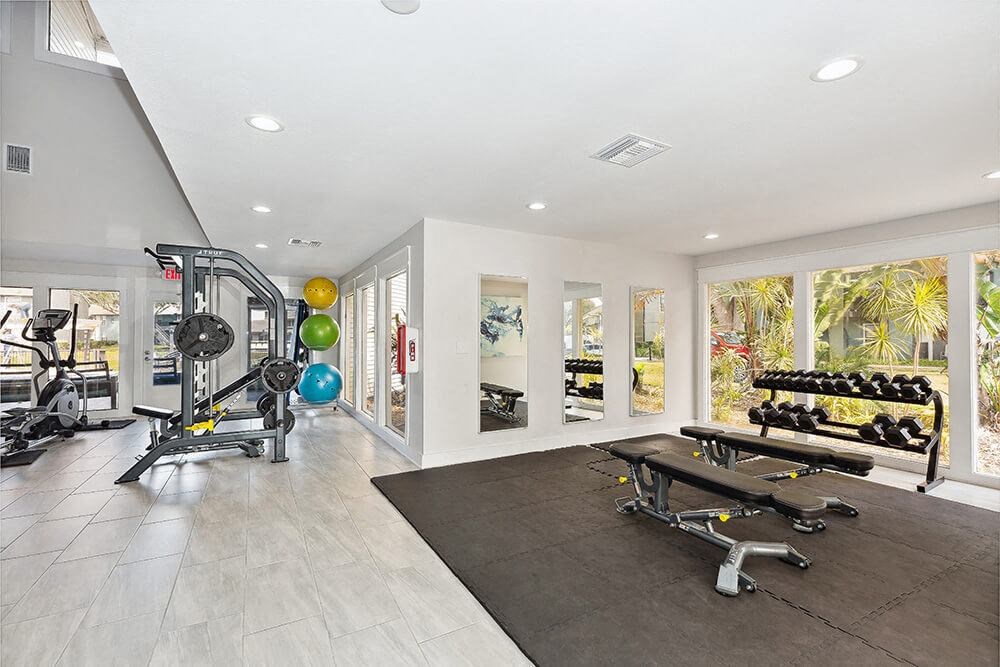 Community Fitness Center with Equipment at Seven Lakes at Carrollwood Apartments in Tampa, FL.