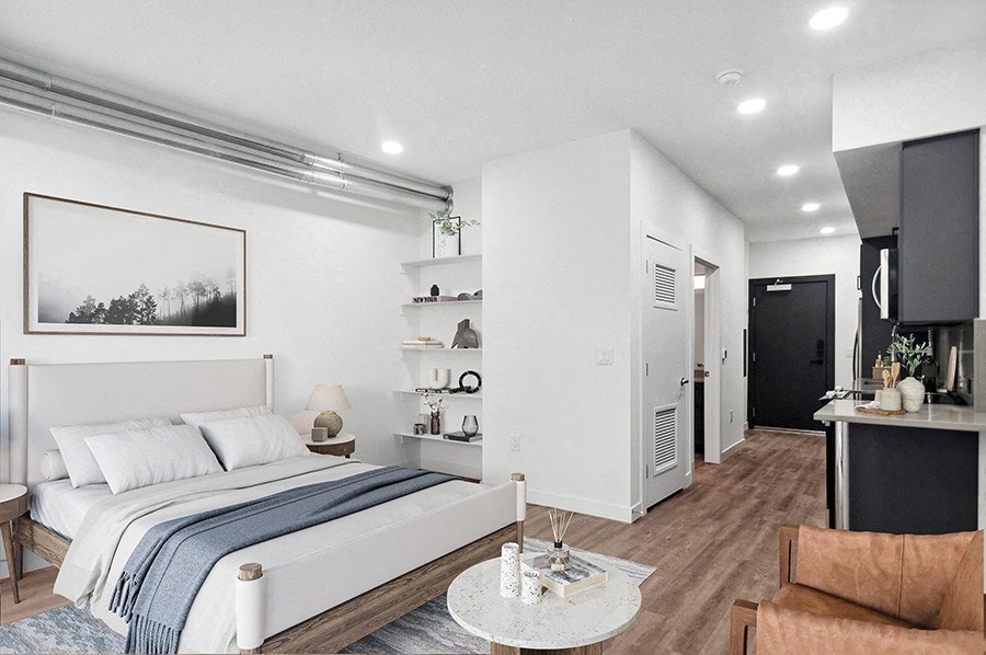 Model bedroom area at Post House North located in Post District Residences in downtown Salt Lake City, Utah