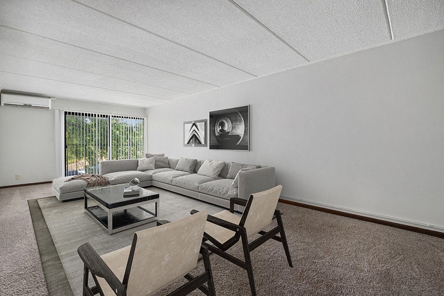 Model Classic Unit Living Room with Carpet at Elevate on Parkway, Burnsville, Minnesota