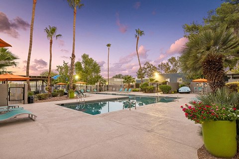 East Tucson, AZ, Pet-Friendly Apartments - Lakeside Casitas - A Swimming Pool With A Spacious Sundeck, Lounge Chairs, Orange Umbrellas, And Palm Trees.