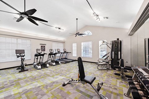 Community Fitness Center with Equipment at Vue at Baymeadows Apartments in Jacksonville, FL.