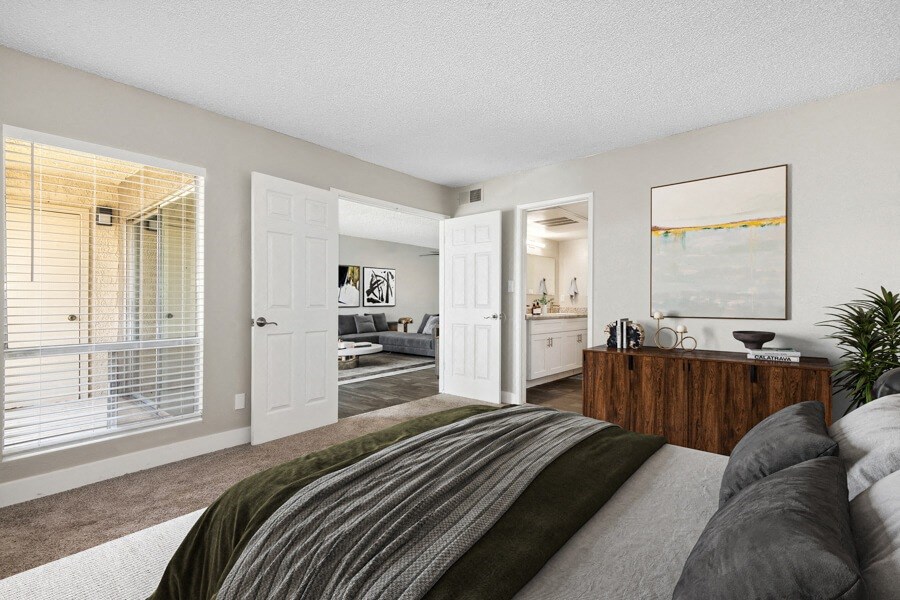 Model apartment bedroom at Villages at Metro Center, Phoenix, Arizona