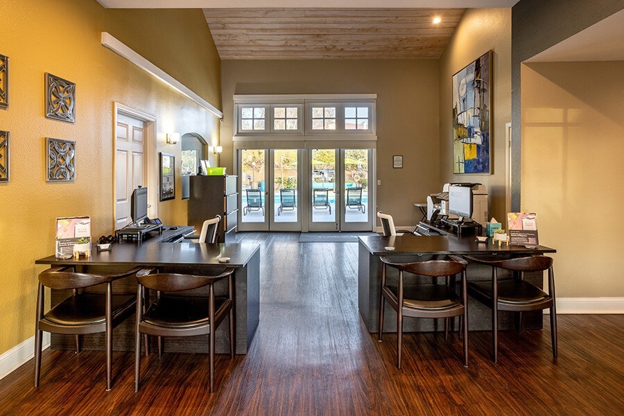 Community Leasing Office at Santa Fe Ranch Apartments located in Carlsbad, CA.