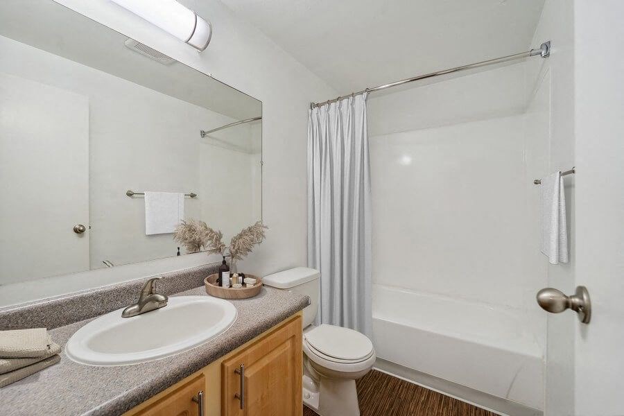 Model bathroom with cedar vanity