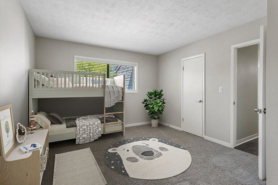 Model Bedroom with Carpet, Closet and Window View at Lakeside Retreat Apartments located in Peachtree Corners, GA.