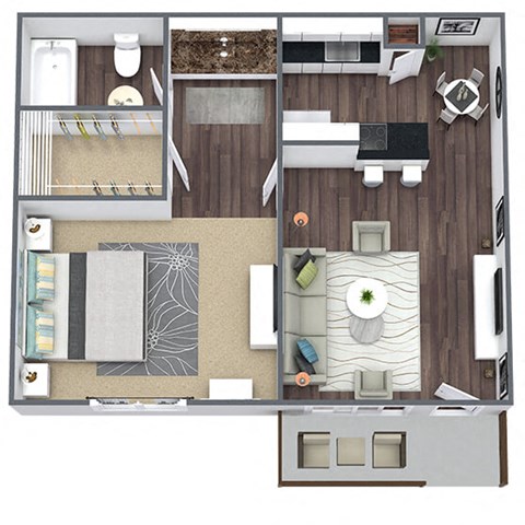 1-Bed, 1-Bath Floor Plan, 750 SQFT.