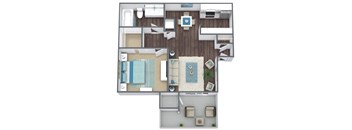 1 Bed, 1 Bath Floor Plan 3D Image