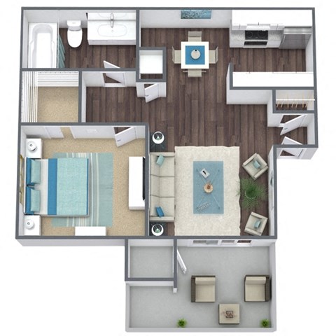 1 Bed, 1 Bath Floor Plan 3D Image