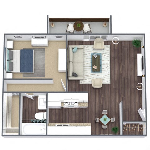 1-Bed 1-Bath Floor Plan 3D Image