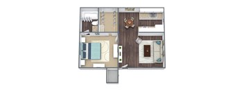 1-Bed 1-Bath Floor Plan 3D Image