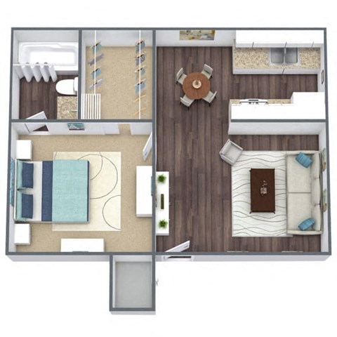 1-Bed 1-Bath Floor Plan 3D Image