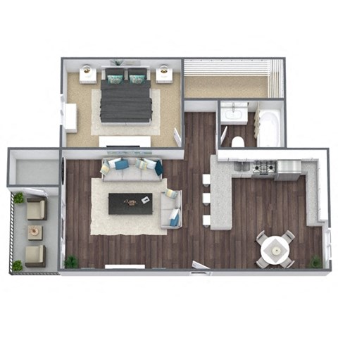 1-Bed, 1-Bath 3D Floor Plan B