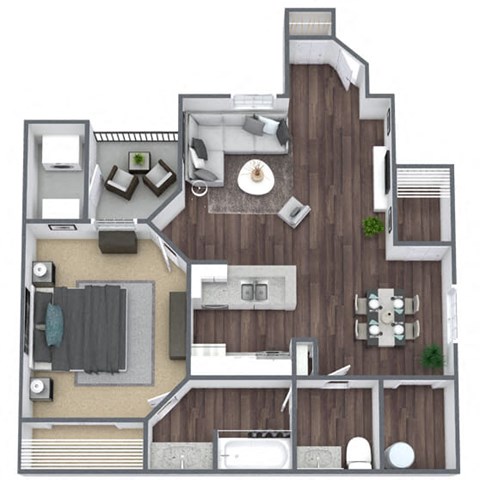 1 Bed 1 Bath (B) 3D floor plan image