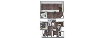 1 Bed 1 Bath (Loft) 3D floor plan image