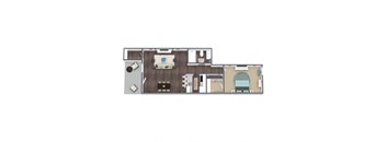 1x1 D Floor Plan, 1-Bed 1-Bath, 636 SQFT.