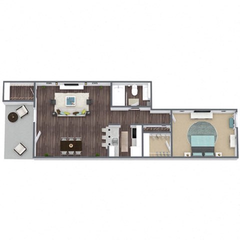 1x1 D Floor Plan, 1-Bed 1-Bath, 636 SQFT.