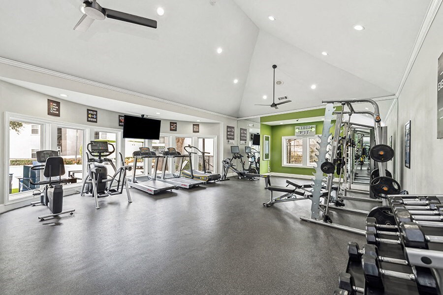 Community Fitness Center with Equipment at Bridges at Oakbend Apartments located in Lewisville, TX.