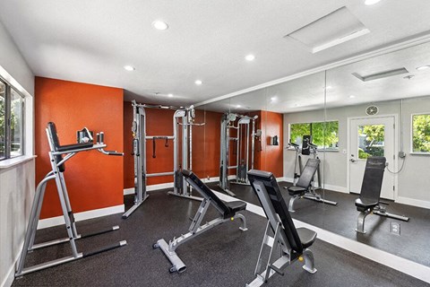 Community Fitness Center with Equipment at Bridges on Sunset Apartments located in Suisun City, CA.