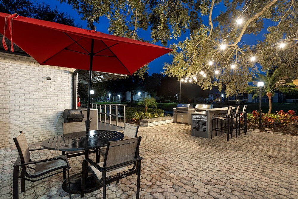 Outdoor BBQ Area with Furniture and Fairy Lights at Carrollwood Station Apartments in Tampa, FL.