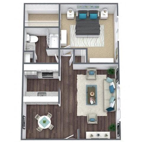 1-Bed, 1-Bath Floor Plan 3D Image