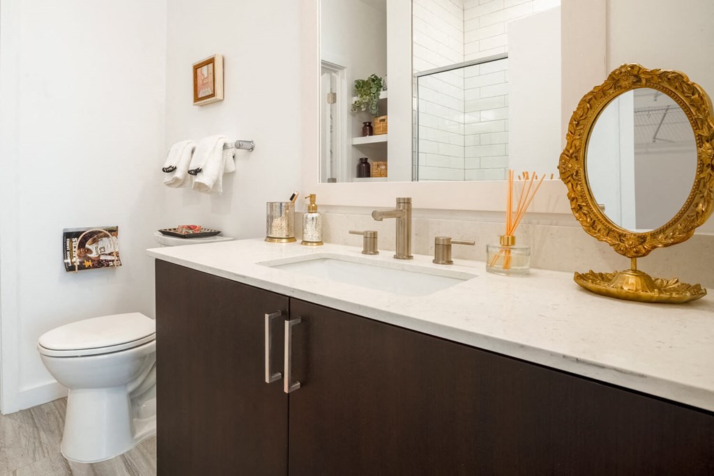 Model bathroom with dark vanity