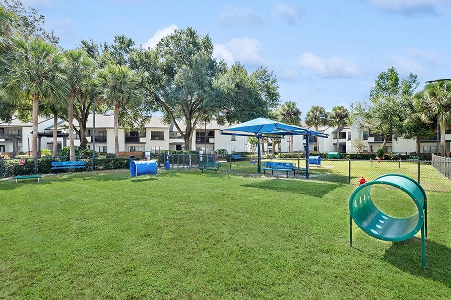Community Dog Park with Agility Equipment at Rosehill Preserve Apartments in Orlando, FL.